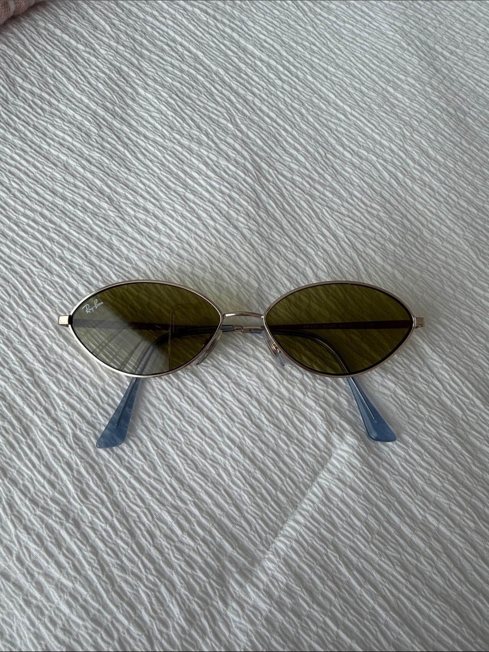 Ray-Ban Silver Frame Sunglasses with Olive Green Lenses and Blue Temples